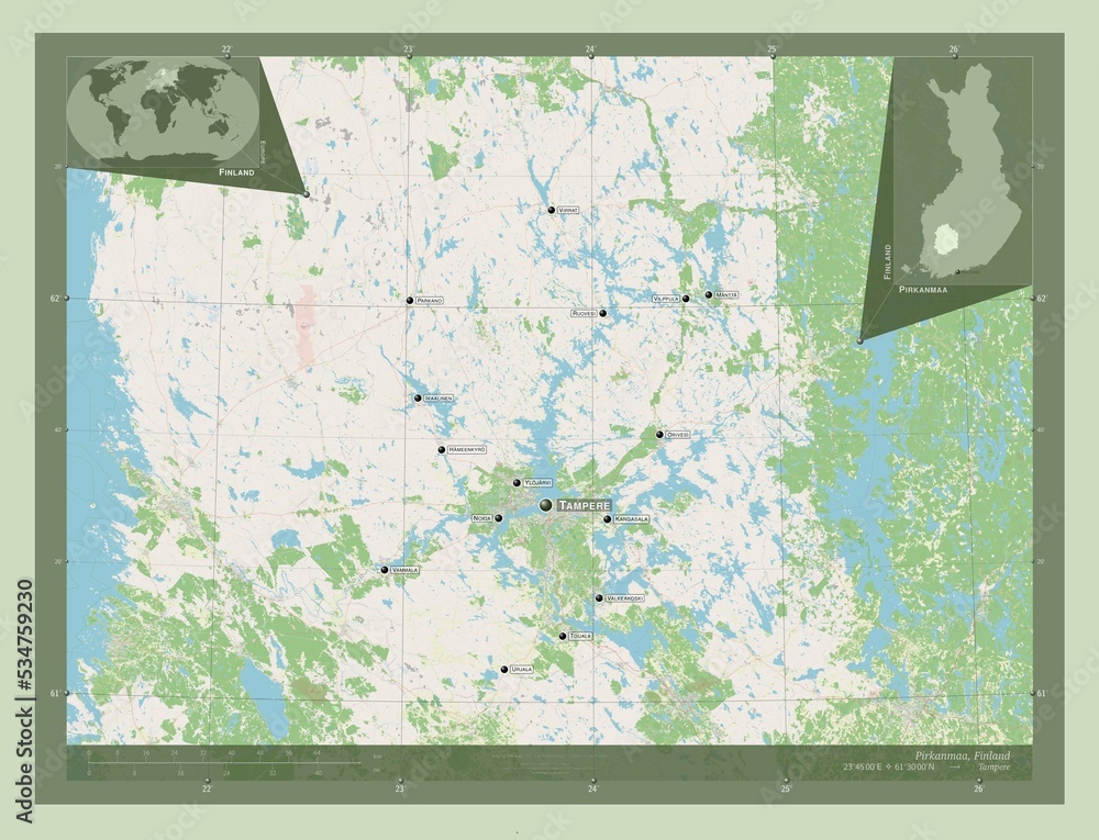 Pirkanmaa, Finland. OSM. Labelled points of cities