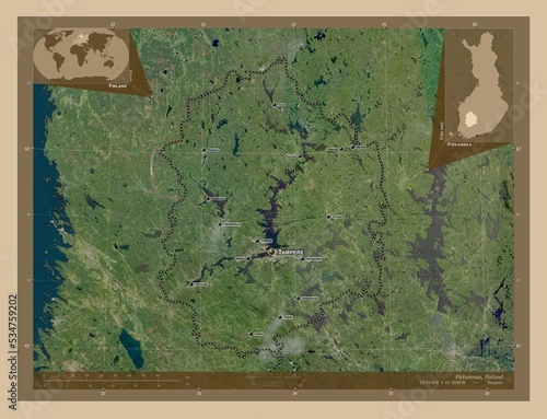 Pirkanmaa, Finland. Low-res satellite. Labelled points of cities photo