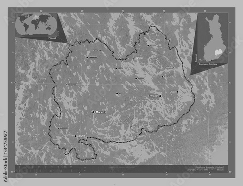 Southern Savonia, Finland. Grayscale. Labelled points of cities photo