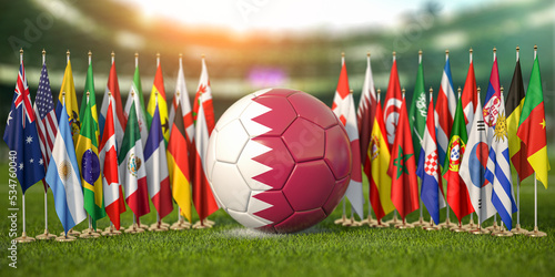 Soccer football ball with flags of world countries on the grass of football arena. Cup of world in Qatar. photo