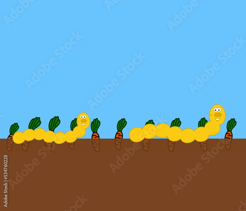A smiling yellow worm crawling on the ground in a vegetable field - illustration 