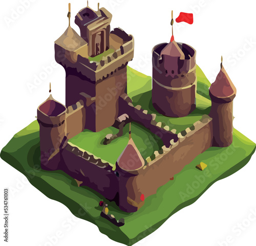 Vector isometric medieval low poly castle. 