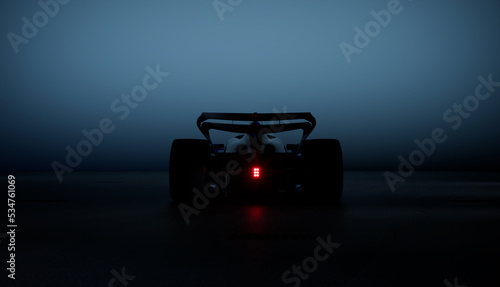 Back view silhouette of a modern generic sports racing car standing in a dark garage. Realistic 3d rendering