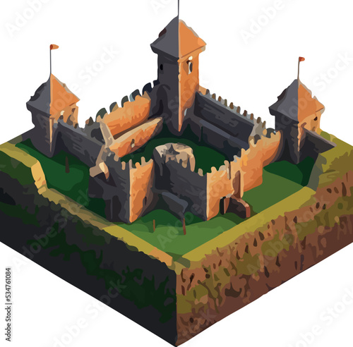 Vector isometric medieval low poly castle. 