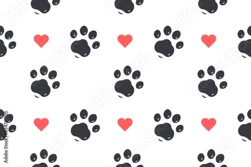 Trendy and modern vector red black paw pattern seamless. Cute cat dog paws background. Paw print