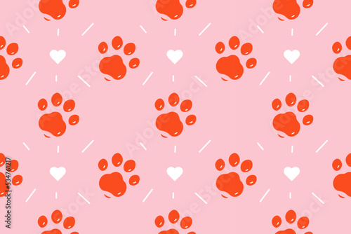Trendy and modern vector pink orange paw pattern seamless. Cute cat dog paws background. Paw print