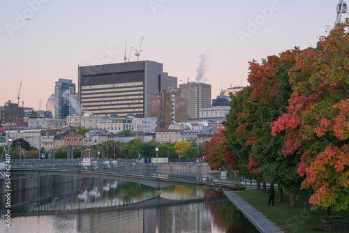 Wild geese and sea gulls inside Garten Eden paradise public park with canal river on Autumn day with picturesque landscape scenery and fall colors leaves in Indian summer Montreal, Canada photo