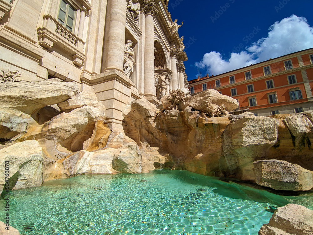 View of The Fontana di Trevi (Trevi Fountain) is perhaps the most famous fountain in the world in Rome, Italy