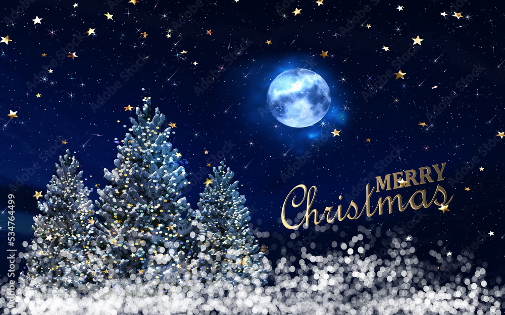 starry night bug moon and Festive Christmas trees decoration holiday greetings text template background card starry night bug moon and Festive Christmas trees decoration holiday greetings text template background card