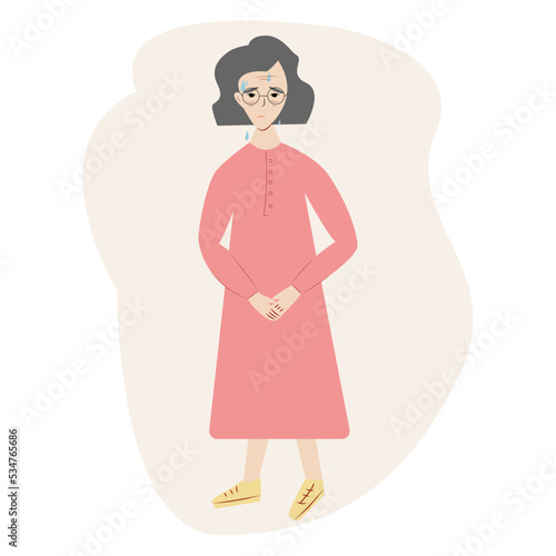 Urinary incontinence problem. Elderly asian women wants to pee. The old women feels pain in his groin. Experiencing pain. Flat vector illustration.