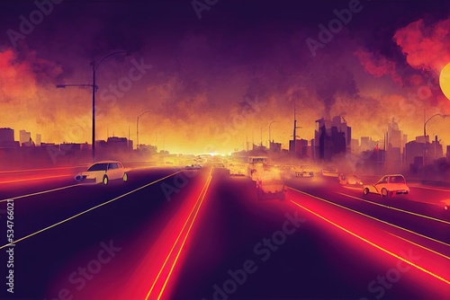 2d drawing Car traffic pollution traffic jam in the morning and evening in the capital city of Bucharest Romania , Anime style