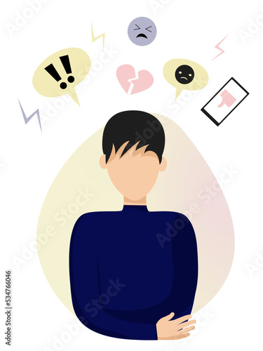Cyber bullying, internet abuse or online troll. Social media bullying. Hate speech from online social media net. Flat vector illustration for hate, violence, stress. Boy or man with broken heart. 