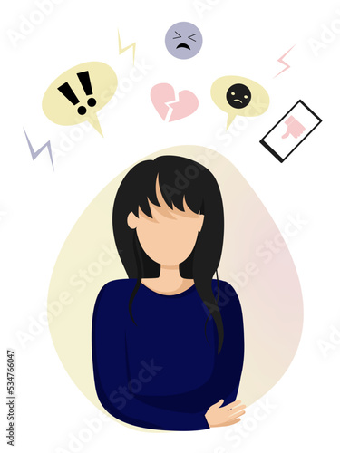 Cyber bullying, internet abuse or online troll. Social media bullying. Hate speech from online social media net. Flat vector illustration for hate, violence, stress. Girl or woman with broken heart. 