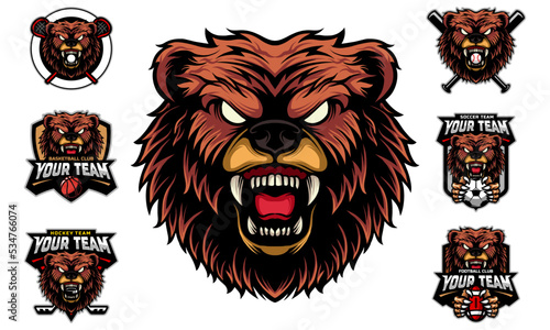 Bear Head Mascot Logo with logo set for team football, basketball, lacrosse, baseball, hockey , soccer .suitable for the sports team mascot logo .vector illustration.