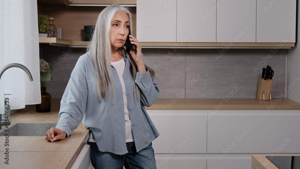 Upset caucasian old woman disappointed senior lady grey-haired grandmother businesswoman stand in kitchen talk mobile phone answer unpleasant call receive bad news bad connection feel sadness emotion Upset caucasian old woman disappointed senior lady grey-haired grandmother businesswoman stand in kitchen talk mobile phone answer unpleasant call receive bad news bad connection feel sadness emotion