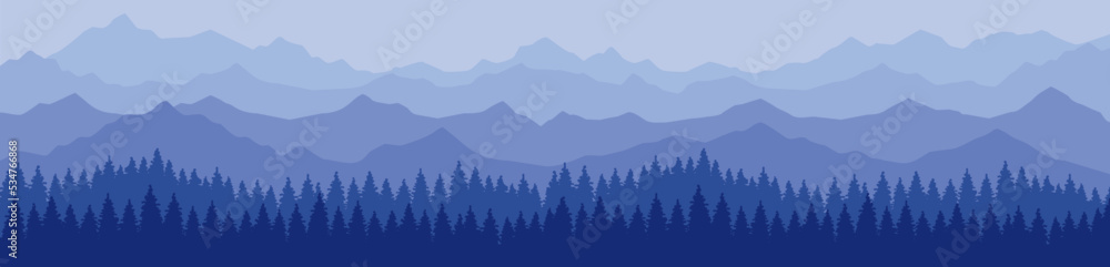 Panoramic mountain landscape in blue shades. Vector illustration