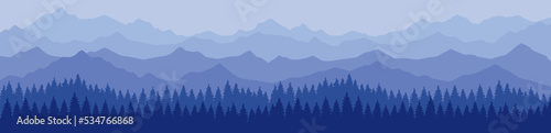 Panoramic mountain landscape in blue shades. Vector illustration