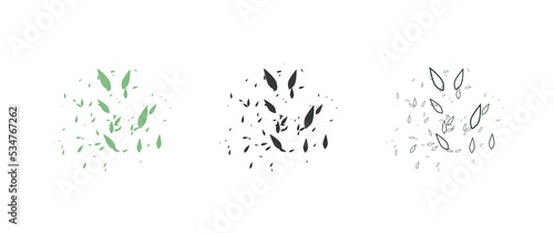 Splattered leaves in three different styles design assets, leaves splatter, leaves silhouette, leaves element. Perfect for design asset, design element, decoration, custom brush. © Izzul Khaq
