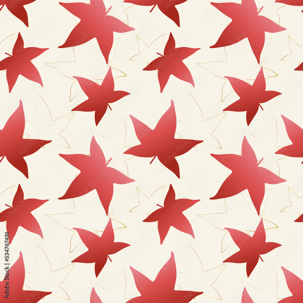 Obraz premium Red maple Japanese leaves on a beige background with a golden frame. Seamless pattern. Vector illustration on the autumn theme.