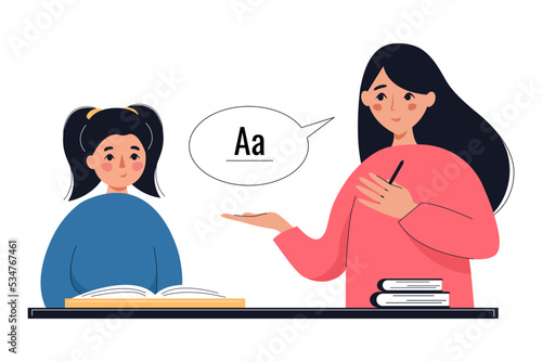 Pupil girl and tutor, woman teacher. Back to school, courses, education concept. Vector illustration.
