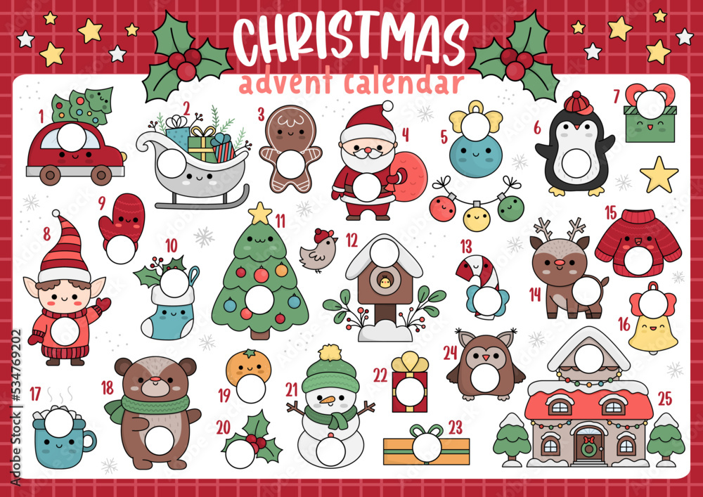 Naklejka premium Vector Christmas advent countdown calendar with traditional holiday symbols. Cute kawaii winter planner for kids. Festive New Year poster design with Santa Claus, fir tree, deer, present.
