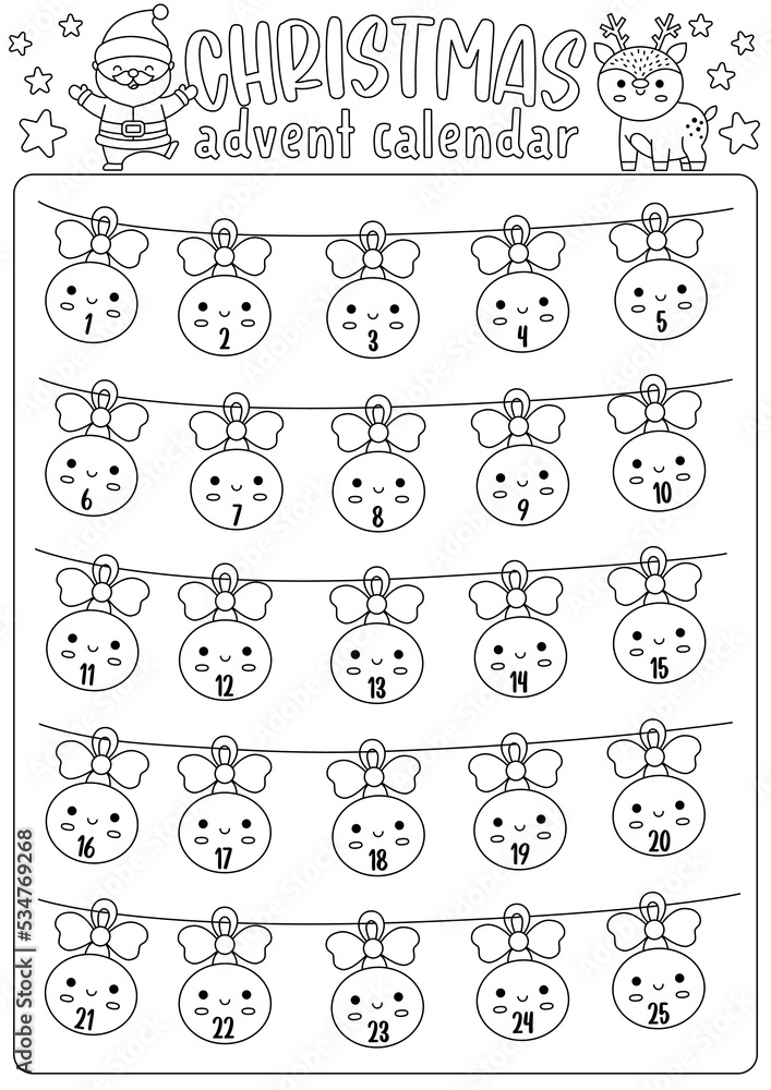 Vector black and white Christmas advent countdown calendar with traditional holiday decorations. Cute line kawaii winter planner for kids. Festive New Year coloring page with tree ball and ornaments. Vector black and white Christmas advent countdown calendar with traditional holiday decorations. Cute line kawaii winter planner for kids. Festive New Year coloring page with tree ball and ornaments.