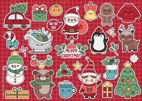 Vector Christmas stickers with cute kawaii characters. Traditional New Year party clipart for kids. Funny badges collection with Santa Claus, fir tree, deer, present. Winter holiday cartoon icons set.