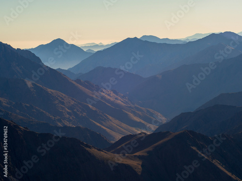 Panorama on the High Atlas Mountains at the top of the Mount Toubkal, Morocco, Africa 