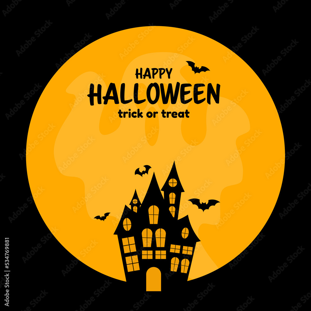 Happy halloween yellow background with house and bats.
