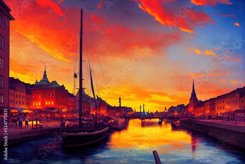 anime style, Scenic summer sunset in the Old Town (Gamla Stan) in Stockholm Sweden , Anime style no watermarks