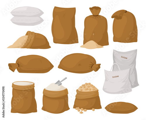 Cartoon sugarcane product bag, sugar sackcloth bags. Agriculture sweet sugar package flat vector illustration collection. Sugarcane production bags