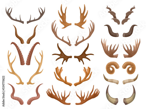Cartoon animal horns, goat, reindeer, antelope and moose horn. Wild mammals antlers, hunting trophy flat vector symbols set. Animal horns collection