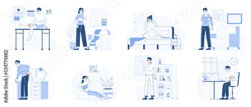 Flat people suffering from pain, injuries, aches and illness. Patients with pain at home, office or hospital, medical conditions flat vector illustration set. Outline sick characters
