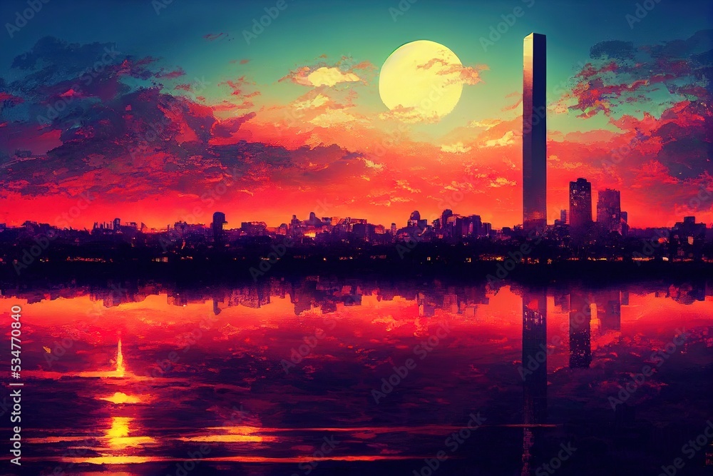 anime style, Skyline of Buenos Aires Argentina , Anime style