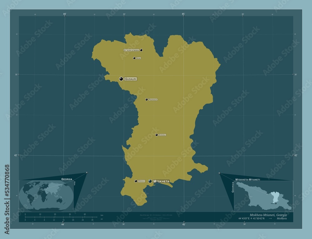 Mtskheta-Mtianeti, Georgia. Solid. Labelled points of cities