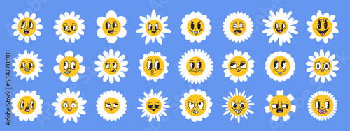 Cartoon smiling daisy flowers, retro blooming comic flower faces. Funny chamomile emojis, cute caricature mascots flat vector illustration set. Cheerful daisy face with eyes and mouths