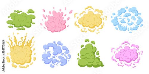 Cartoon colorful clouds, green blue and pink smoke stream. Pastel colours dust steaming clouds, comic book cloud puffs flat vector symbols illustrations collection. Steaming dust puff set