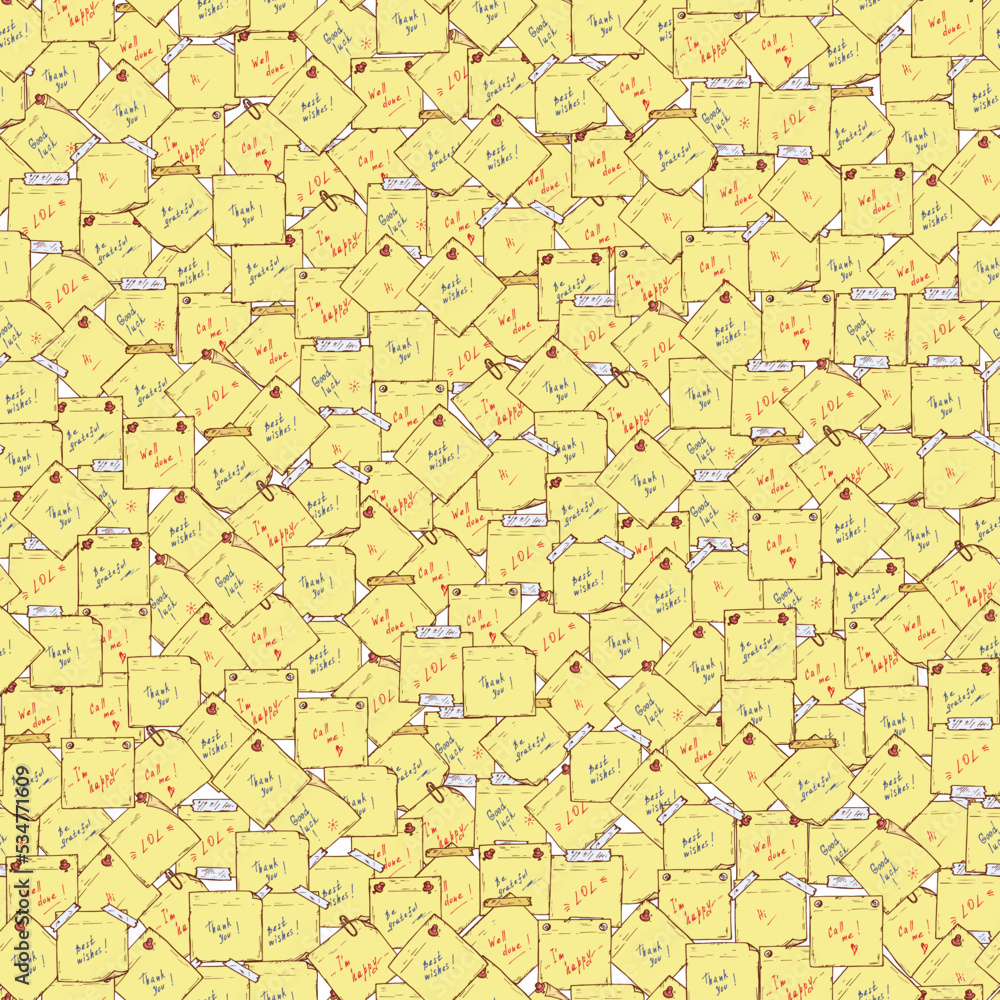 Sticky notes Vector Seamless pattern. Sticky notes with wishes. Hand drawn doodle paper sheets with messages. Memo blanks. Yellow stickers.