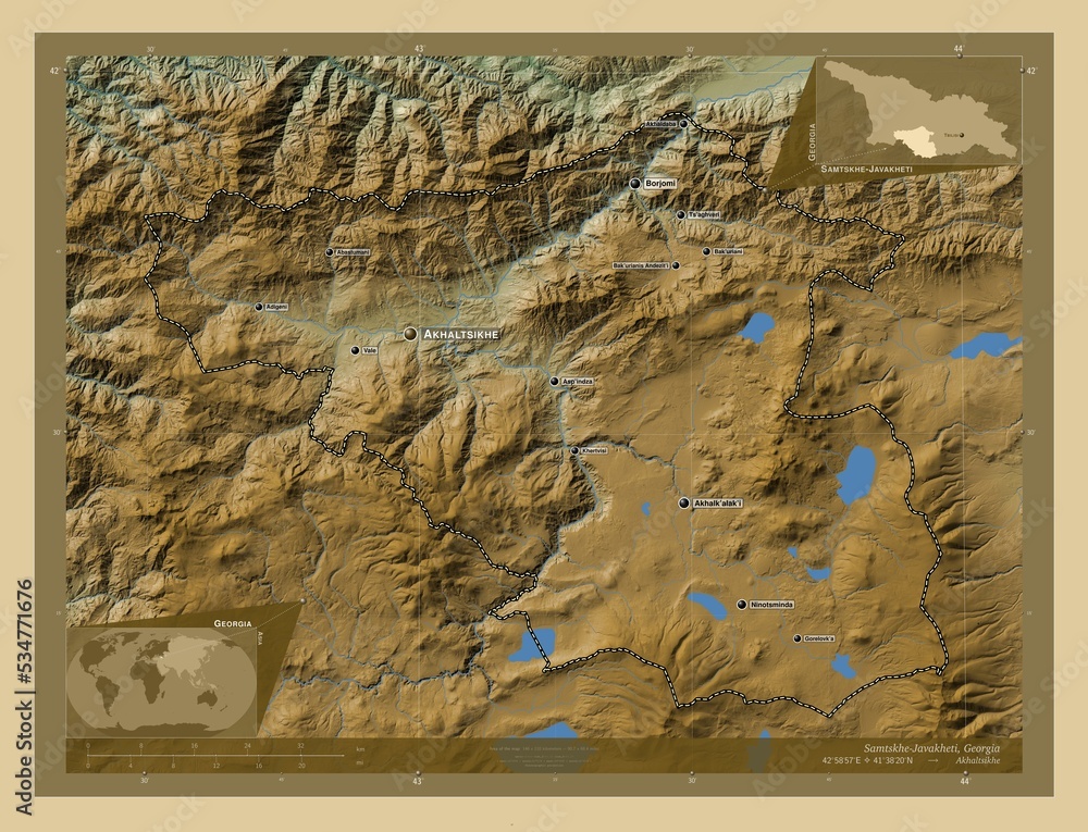 Fototapeta premium Samtskhe-Javakheti, Georgia. Physical. Labelled points of cities