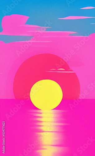 Flat illustration of magic sunset  sea horizont. Bright pink synthwave colors in 80-s style. Retro concept landscape. Design backdrop background for creative creation. Poster  print  canvas. Wall art