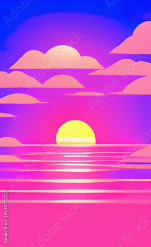 Flat illustration of magic sunset, sea horizont. Bright pink synthwave colors in 80-s style. Retro concept landscape. Design backdrop background for creative creation. Poster, print, canvas. Wall art