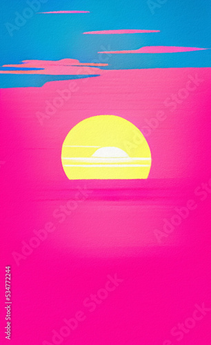 Flat illustration of magic sunset, sea horizont. Bright pink synthwave colors in 80-s style. Retro concept landscape. Design backdrop background for creative creation. Poster, print, canvas. Wall art © AnnArts