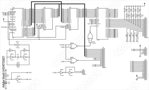 Vector electrical circuit. A complex large electrical circuit of an electronic device, operating under the control of a microcontroller.