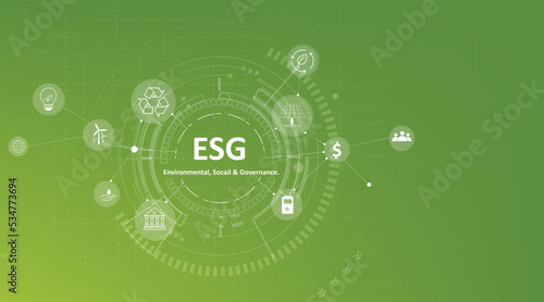 Sustainable business on networked connection vector illustration on green background. ESG icon concept .Environmental,Social and Corporate Government.