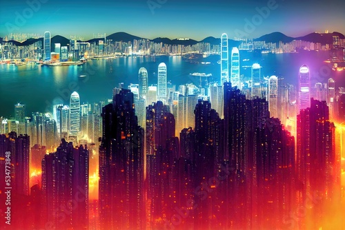 Cartoon style Aerial view of Hong Kong Downtown Financial district and business centers in smart city in Asia Top view of skyscraper and highrise buildings , Anime style