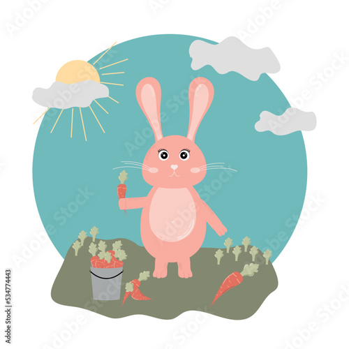 Cute bunny picking carrots. Vector illustration