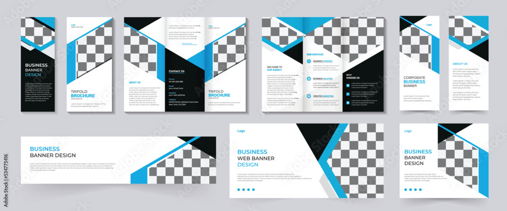 Modern and creative business trifold brochure design template with minimalist promotion layout. use for business catalog, leaflet, trifold flyer, web banner, annual report, profile and brochure design