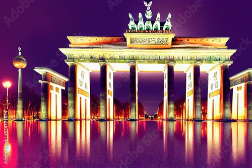 anime style, Classic view of famous Brandenburger Tor (Brandenburg Gate) one of the bestknown landmarks and national symbols of Germany in twilight during blue hour at dawn Berlin Germany , Anime styl photo