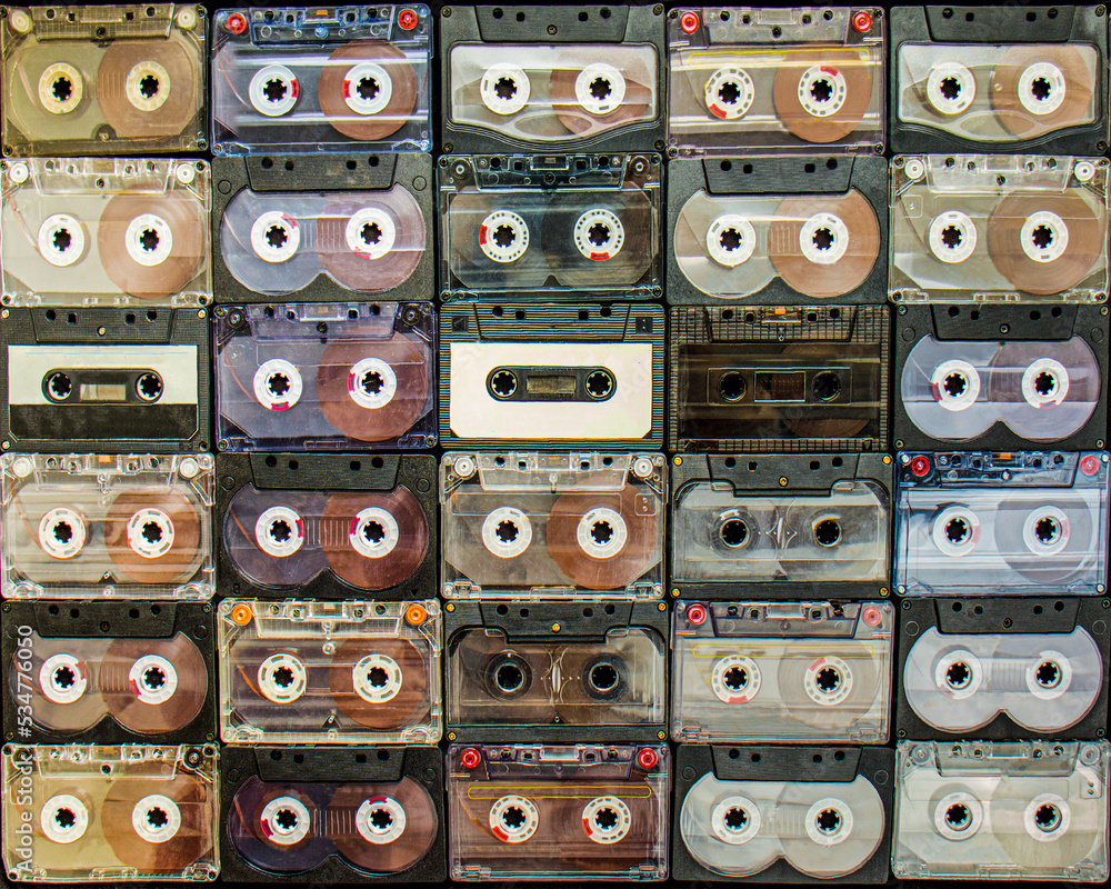 audio cassette background, collection of audio cassettes, retro music background
