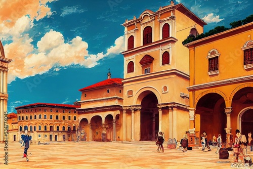anime style, Christopher Columbus Palace on Piazza di Spagna in the historic center of Santo Domingo Dominican Republic , Anime style